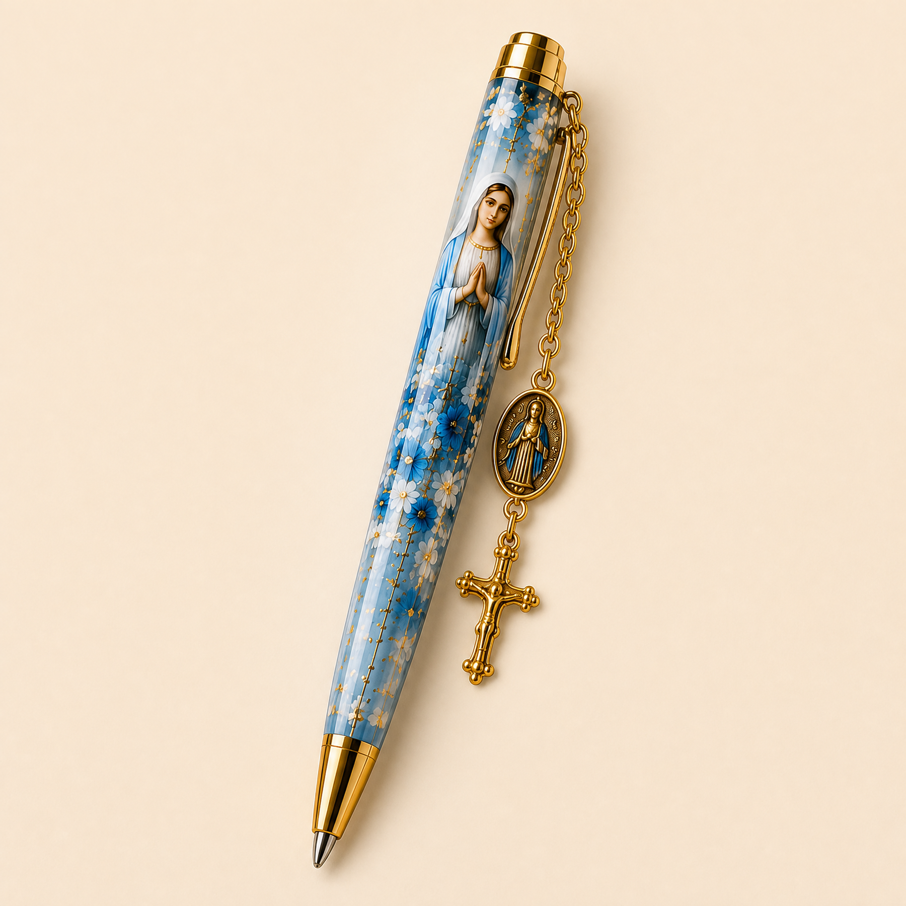 Caneta religiosa — Nossa Senhora — manto azul claro